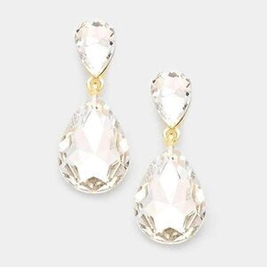 Clear Crystal Teardrop Gold Dangle Evening Earring